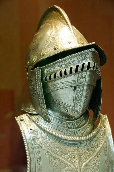 Ohio, Cleveland. The Cleveland Museum of Art. Ornate steel armor helmet