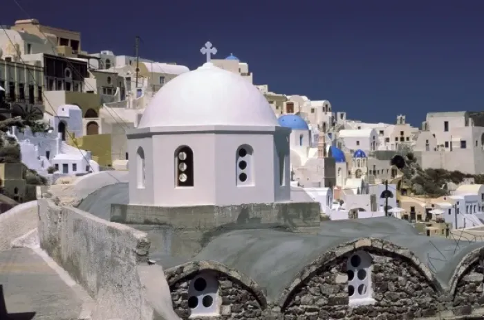 Framed Print : Oia, Santorini, Greece, Village of Oia with church in foreground Framed Print : Oia, Santorini, Greece, Village of Oia with church in foreground