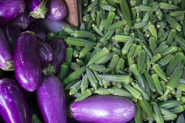 Okra and Eggplant for sale at a farmers market, Charleston, South Carolina. USA