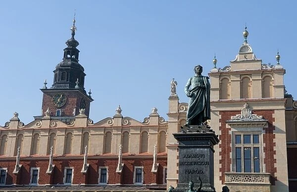 Old bronze statue in center of Main Market Square, Krakow, Poland
