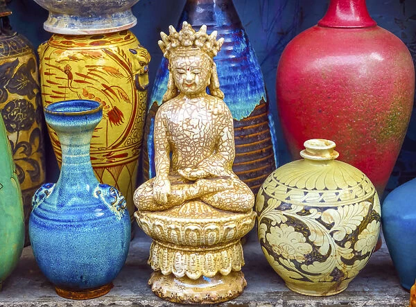 Old Chinese design blue and white ceramic Buddha pots, Panjuan Flea Market, Beijing, China