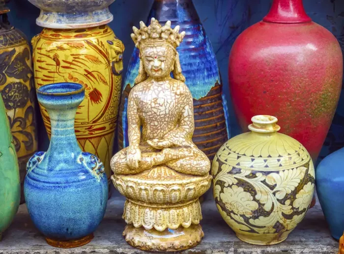 Framed Print : Old Chinese design blue and white ceramic Buddha pots, Panjuan Flea Market, Beijing, China Framed Print : Old Chinese design blue and white ceramic Buddha pots, Panjuan Flea Market, Beijing, China