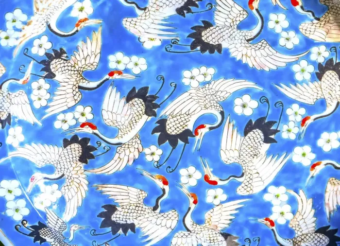 Framed Print : Old Chinese design blue, white and red cranes ceramic plate, Panjuan Flea Market, Beijing, China Framed Print : Old Chinese design blue, white and red cranes ceramic plate, Panjuan Flea Market, Beijing, China