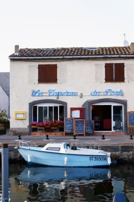 Framed Print : The old harbour. La Taverne du Port with many chalkboards with menus. Marseillan Framed Print : The old harbour. La Taverne du Port with many chalkboards with menus. Marseillan