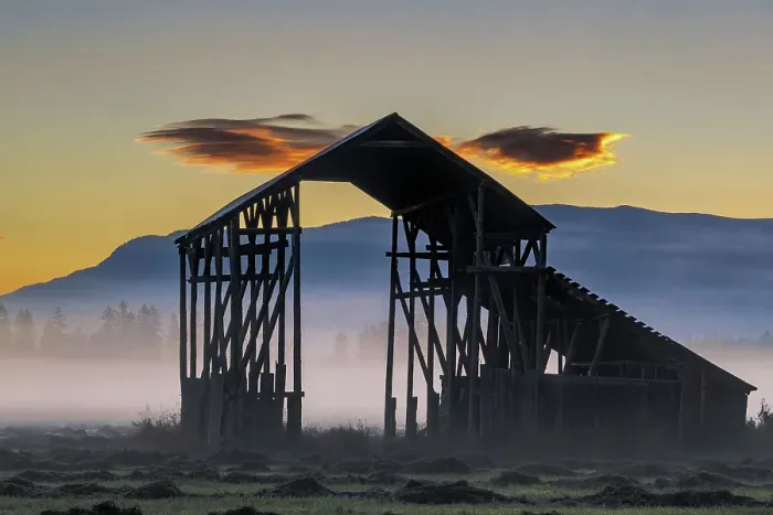 Framed Print : Old hay shed with fresh cut hay on a foggy morning in Whitefish, Montana, USA