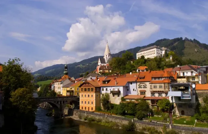 Framed Print : Old historical old town of Murau Austria downtown and churches and Mur River Framed Print : Old historical old town of Murau Austria downtown and churches and Mur River