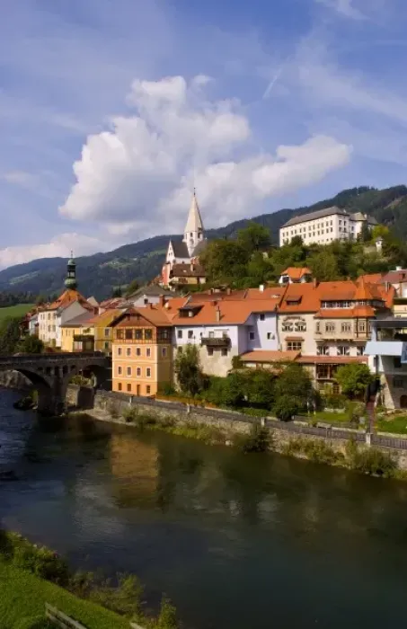 Framed Print : Old historical old town of Murau Austria downtown and churches and Mur River Framed Print : Old historical old town of Murau Austria downtown and churches and Mur River