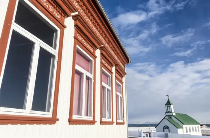 Framed Print : Old house in Gardur next to the old church, Reykjanes peninsula during winter. europe Framed Print : Old house in Gardur next to the old church, Reykjanes peninsula during winter. europe