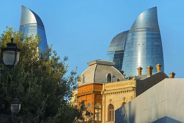Old houses in the Inner City of Baku with Flaming Towers, Baku, Azerbaijan
