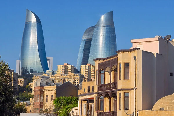 Old houses in the Inner City of Baku with Flaming Towers, Baku, Azerbaijan