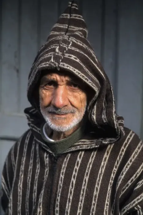 Framed Print : Old Muslim Man with hood and smiling in Tangier Morocco Africa Portrait (MR)