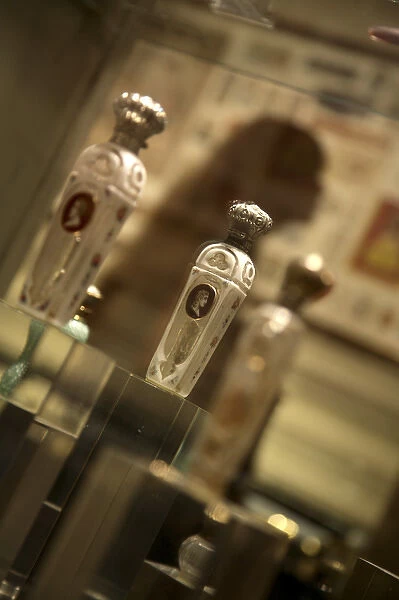 Old perfume bottles display in Musee du Parfum. Paris. France