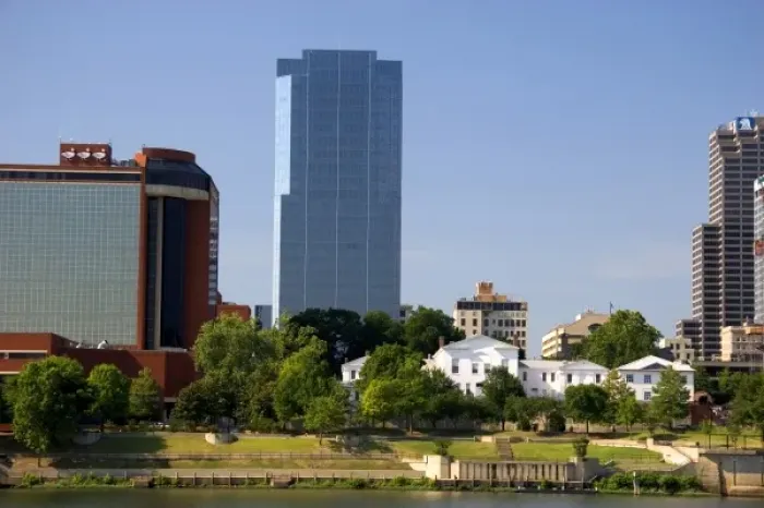 Framed Print : Old Statehouse and modern office buildings along the Arkansas River at Little Rock, Arkansas