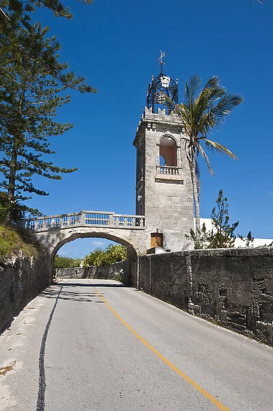 Old tower and pedestrian bridge near Flatts Village, Bermuda
