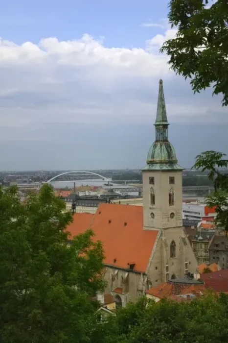 Framed Print : Old town dominated by St. Martins Cathedral, suspension bridge over Danube River
