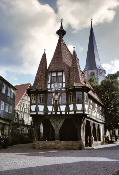 Framed Print : The Old Town Hall and Pfarrkirche Steeple are landmarks in Michelstadt in Hessen, Germany Framed Print : The Old Town Hall and Pfarrkirche Steeple are landmarks in Michelstadt in Hessen, Germany