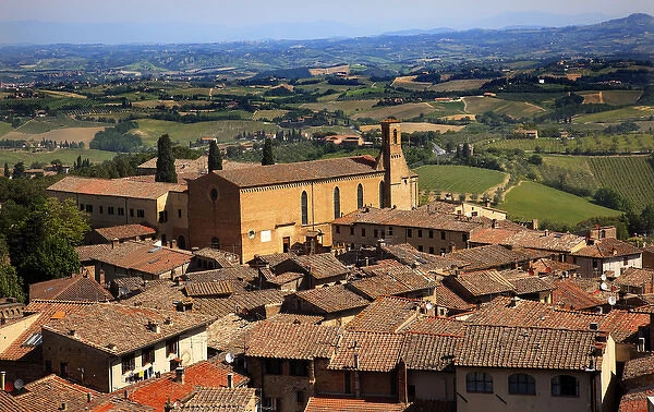 Old Tuscan Town Church Red Brick Roofs Countryside Vineyards San Gimignano Tuscany Italy