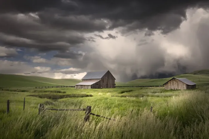 Framed Print : Two old wooden barns and storm clouds, Palouse region of eastern Washington Framed Print : Two old wooden barns and storm clouds, Palouse region of eastern Washington