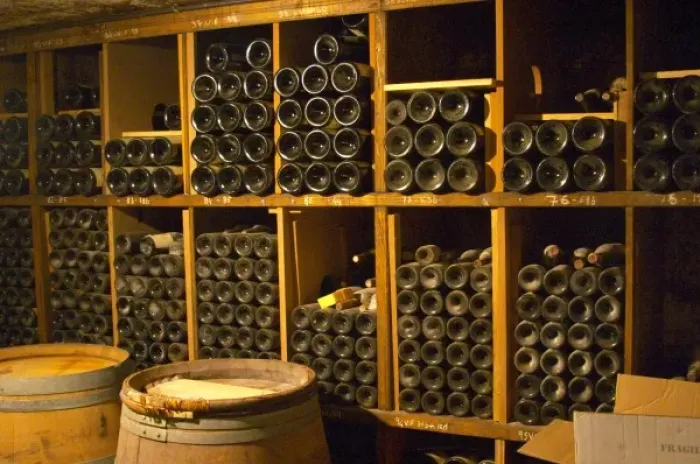 Framed Print : Older vintages of wine aging in the cellar. Alain Voge, Cornas, Ardeche, Ardeche