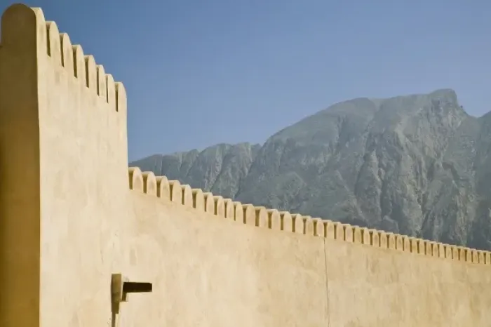 Framed Print : Oman, The Batinah Plain, Nakhal. Nakhal Fort, at the foot of the Hajar Mountains