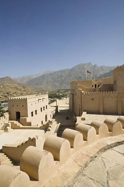Oman, The Batinah Plain, Nakhal. Nakhal Fort, at the foot of the Hajar Mountains
