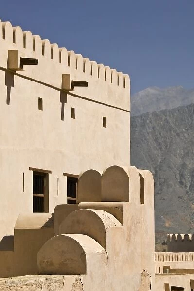 Oman, The Batinah Plain, Nakhal. Nakhal Fort, at the foot of the Hajar Mountains