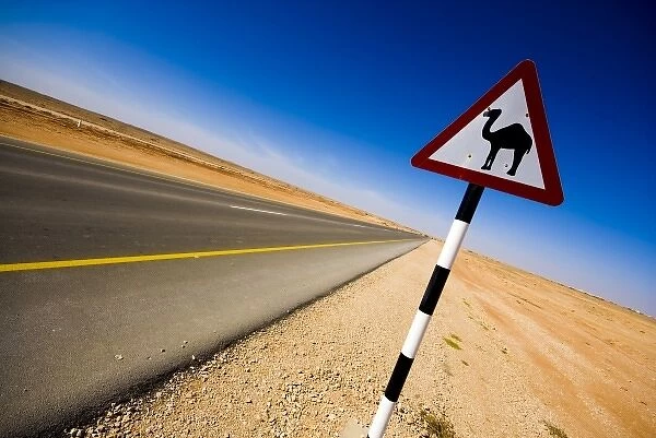Oman, Marmul, road sign of camel crossing
