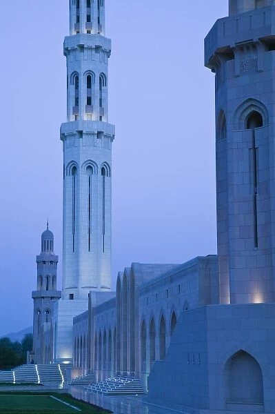 Oman, Muscat, Al, Ghubrah. Grand Mosque, Exterior  /  Evening