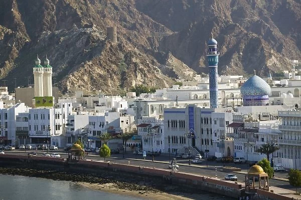 Oman, Muscat, Mutrah. Buildings along Mutrah Corniche  /  Late Afternoon