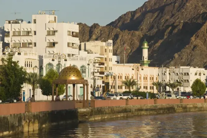 Framed Print : Oman, Muscat, Mutrah. Mutrah Corniche- Buildings aong the Corniche / Morning Framed Print : Oman, Muscat, Mutrah. Mutrah Corniche- Buildings aong the Corniche / Morning