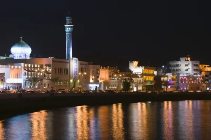 Framed Print : Oman, Muscat, Mutrah. Mutrah Corniche Buildings / Evening Framed Print : Oman, Muscat, Mutrah. Mutrah Corniche Buildings / Evening