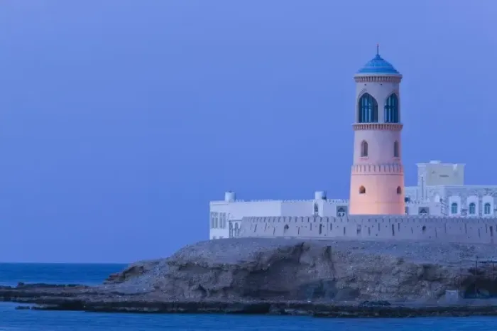 Framed Print : Oman, Sharqiya Region, Sur. Ayajh Town, View of Sur Lighthouse  /  Evening