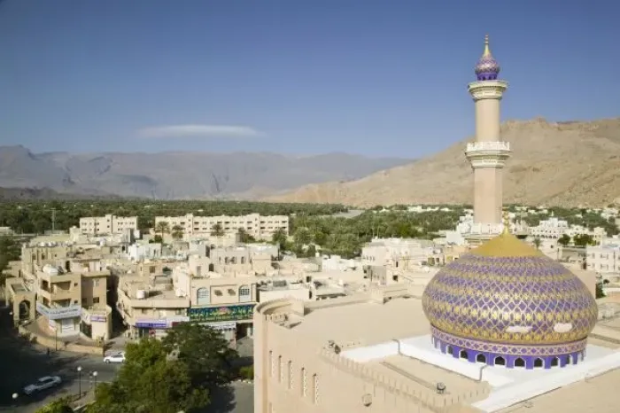 Framed Print : Oman, Western Hajar Mountains, Nizwa. Nizwa Mosque View from Nizwa Fort