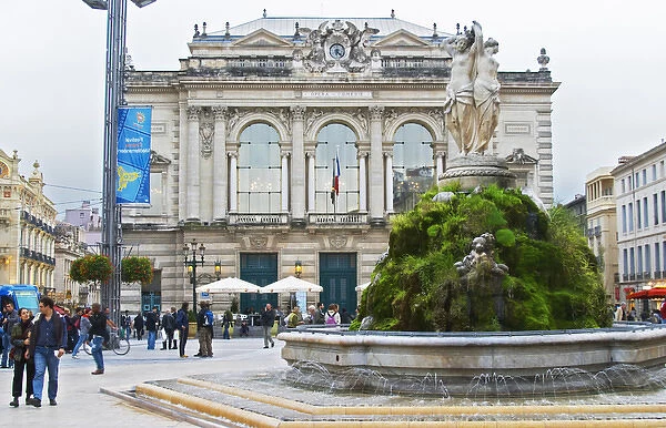 The opera and theatre on the main square. Montpellier. Languedoc. Moss covered fountain