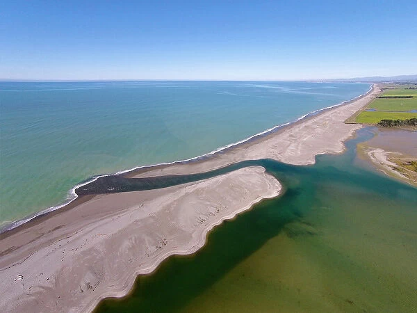 Opihi River Mouth, near Temuka, South Canterbury, South Island, New Zealand - drone