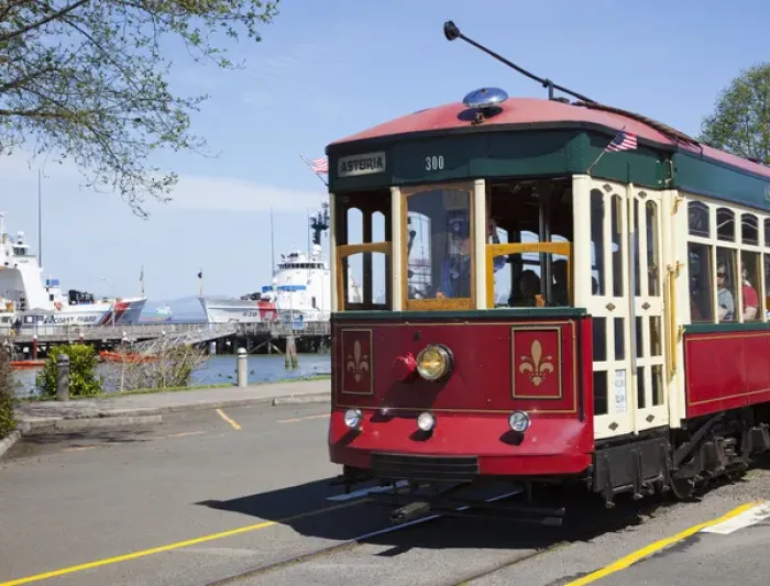 Framed Print : OR, Astoria, Astoria Riverfront Trolley, restored 1913 trolley