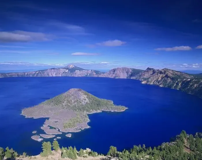 Framed Print : OR, Crater Lake NP, Wizard Island and Crater Lake, 1932 feet deep lake, deepest lake