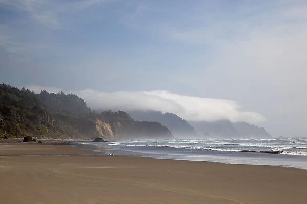 OR, Oregon Coast, Arcadia Beach and fog covered headlands