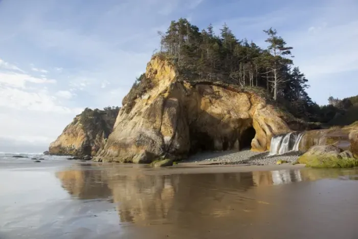 Framed Print : OR, Oregon Coast, Hug Point State Park, Sea caves and waterfall at Hug Point Framed Print : OR, Oregon Coast, Hug Point State Park, Sea caves and waterfall at Hug Point