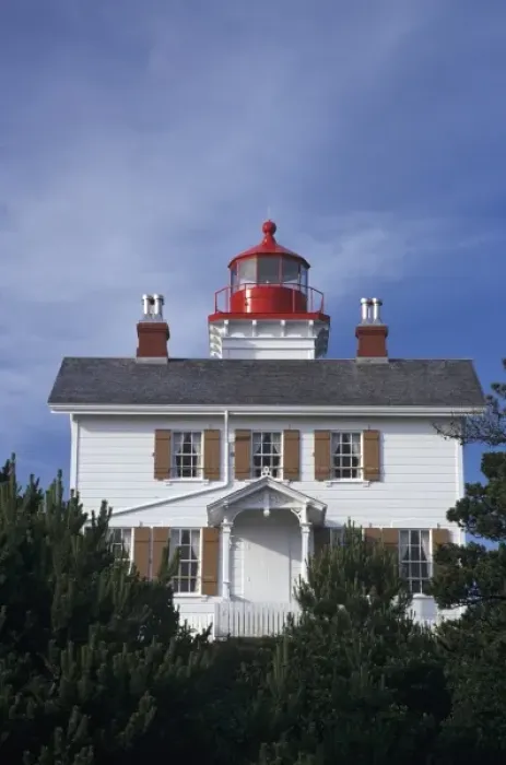 Framed Print : OR, Oregon Coast, Newport, Yaquina Bay lighthouse, Cape Cod style lighthouse, built