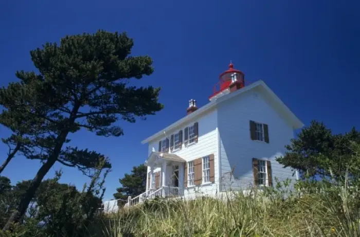 Framed Print : OR, Oregon Coast, Newport, Yaquina Bay lighthouse, Cape Cod style lighthouse, built