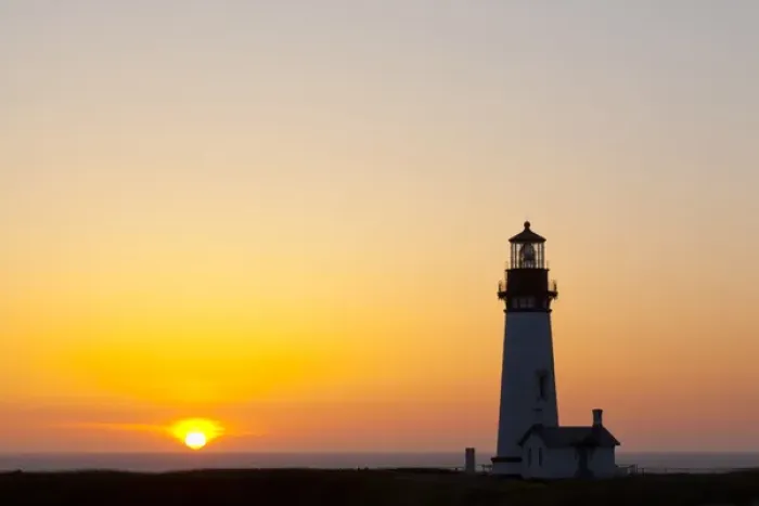 Framed Print : OR, Oregon Coast, Newport, Yaquina Head lighthouse at sunset, completed in 1873 Framed Print : OR, Oregon Coast, Newport, Yaquina Head lighthouse at sunset, completed in 1873