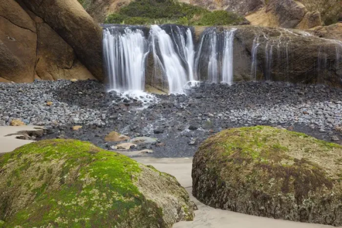 Framed Print : OR, Oregon Coast, Waterfall and rocks, at Hug Point