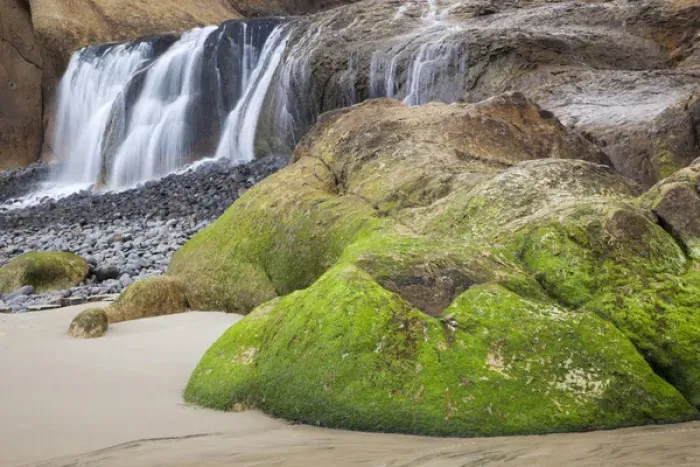 Framed Print : OR, Oregon Coast, Waterfall and rocks, at Hug Point