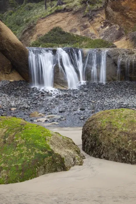 Framed Print : OR, Oregon Coast, Waterfall and rocks, at Hug Point