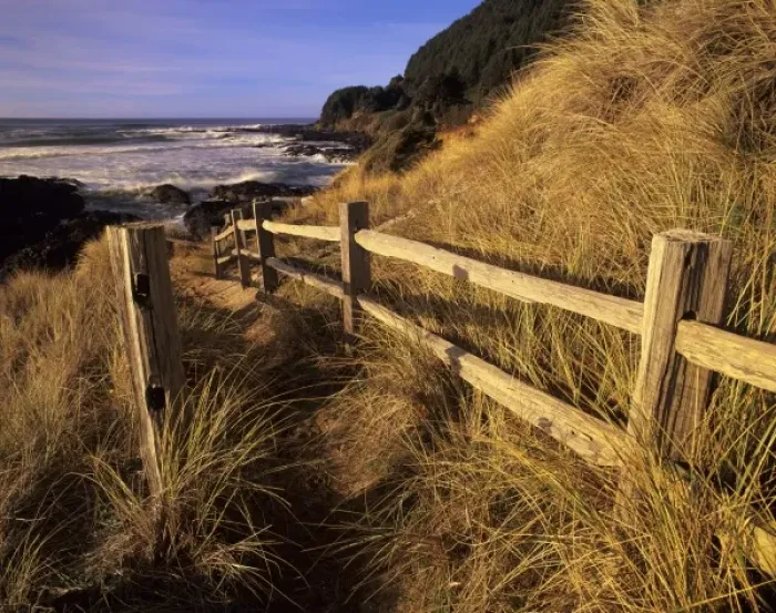 Framed Print : OR, Oregon Coast, Yachats, Neptune Bay and trail to beach Framed Print : OR, Oregon Coast, Yachats, Neptune Bay and trail to beach