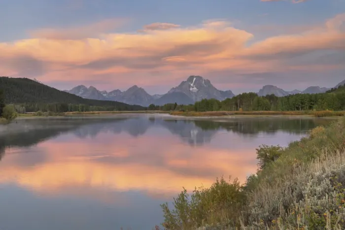 Framed Print : Orange clouds and Mount Moran reflected in still waters of the Snake River at Oxbow Bend at sunrise, Grand Teton National Park, Wyoming Framed Print : Orange clouds and Mount Moran reflected in still waters of the Snake River at Oxbow Bend at sunrise, Grand Teton National Park, Wyoming