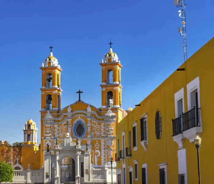 Framed Print : Two orange steeples Parish of la Santa Cruz, Puebla, Mexico
