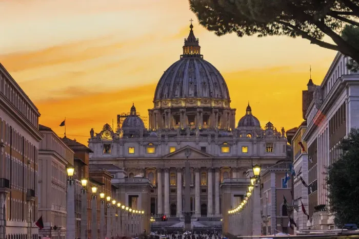 Framed Print : Orange sunset illuminated street lights, Via Della Conciliazione