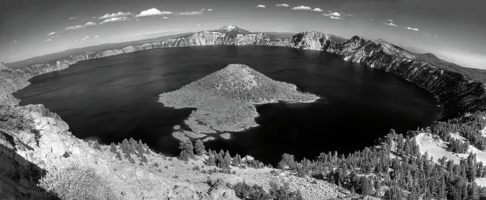 Framed Print : Oregon, Crater Lake National Park. Wizard Island and Crater Lake panorama, view from The Watchman area Framed Print : Oregon, Crater Lake National Park. Wizard Island and Crater Lake panorama, view from The Watchman area